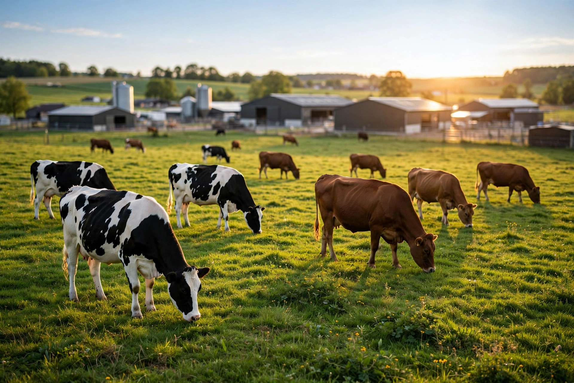 Healthy cattle grazing on green pasture at CattleFarm